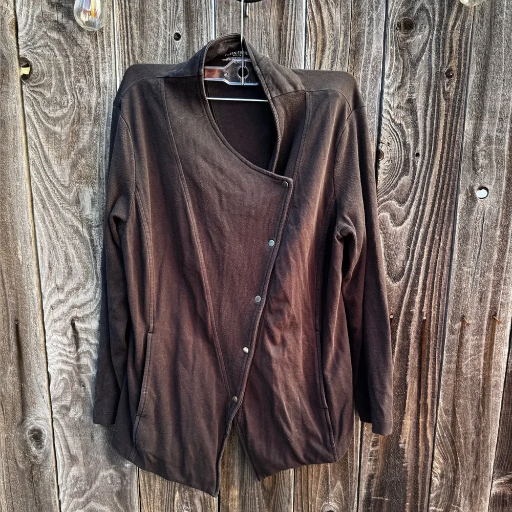 Eileen Fisher Asymmetrical Snap Front Cotton Jacket Black Size Petite Large - Picture 9 of 16